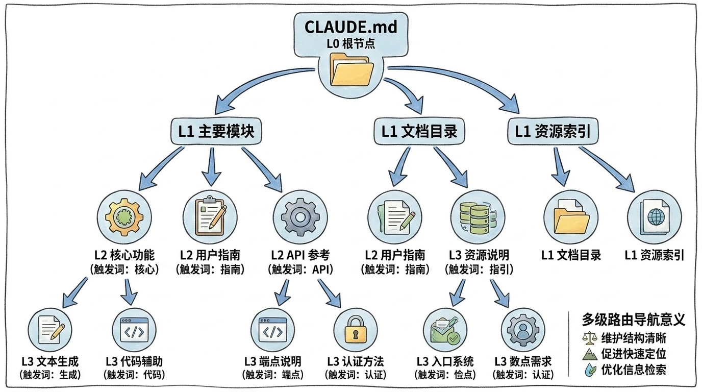 CLAUDE.md 多级路由导航示意:Agent 从根节点逐级深入到目标文件