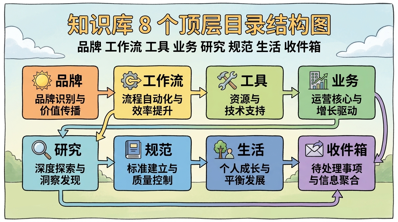 知识库 8 个顶层目录职责分区示意