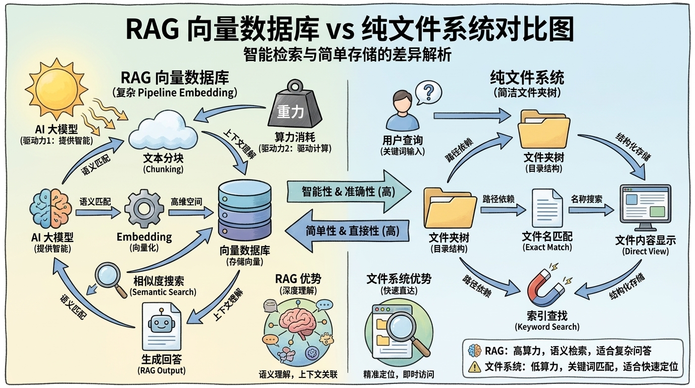 RAG 管线与纯文件系统方案的架构对比