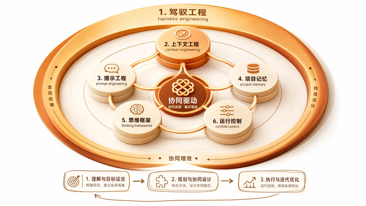 五大方法论关系全景:驾驭工程为总纲,信息供给、认知基础、行为边界、能力增长四层