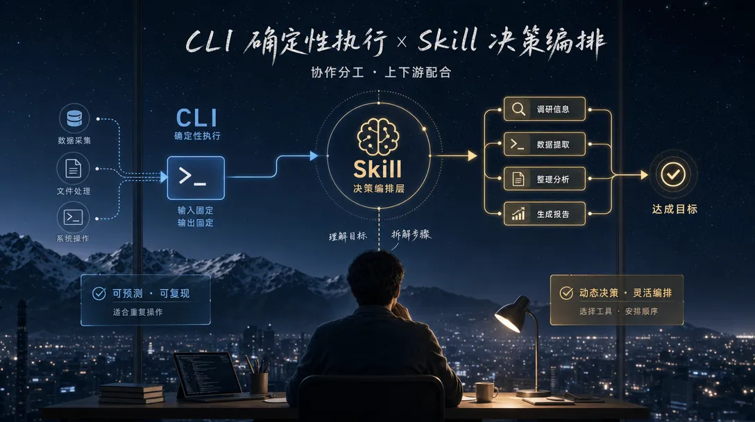 CLI 与 Skill 的分工:CLI 像工具箱负责确定性执行,Skill 像行动手册负责决策编排,Agent 同时调用两者完成任务