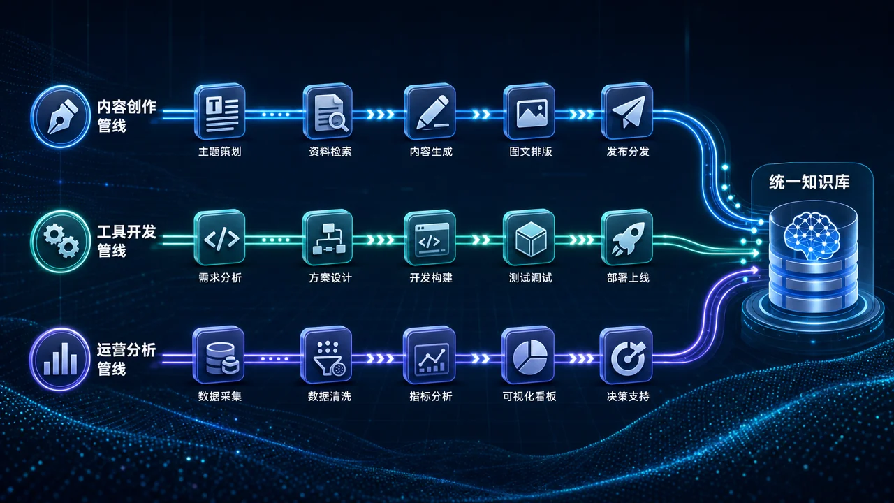 翔宇 Agent 工作流全景——内容创作、工具开发、运营分析三条业务管线并行