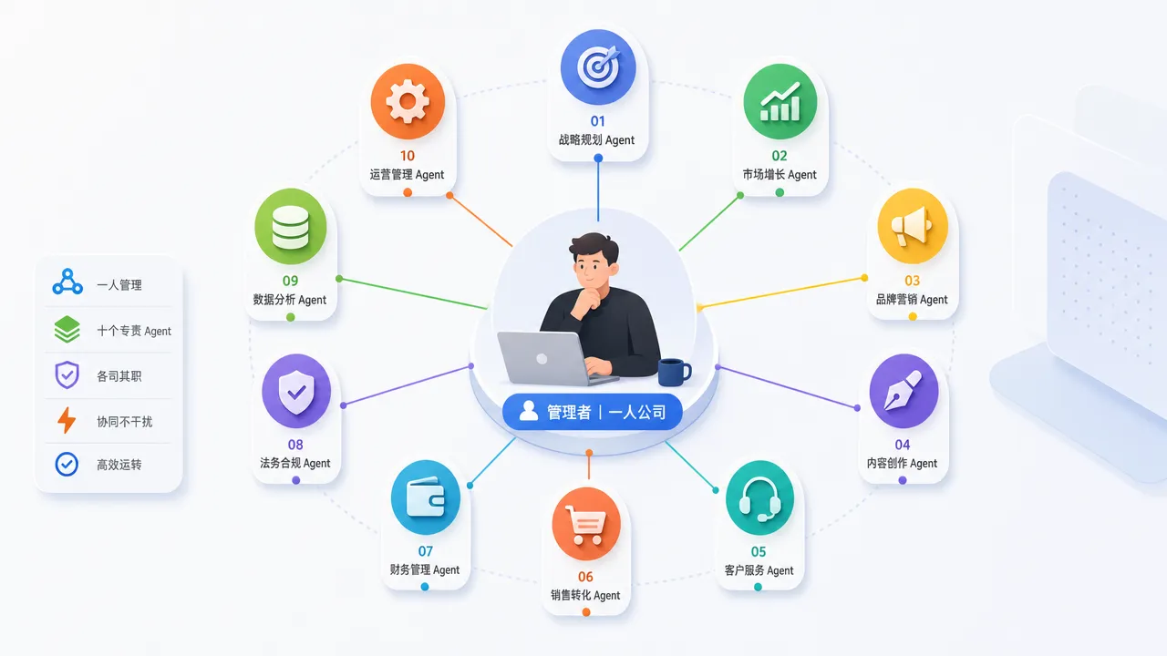 一人公司组织架构图:十个 Agent 按业务线分工协作