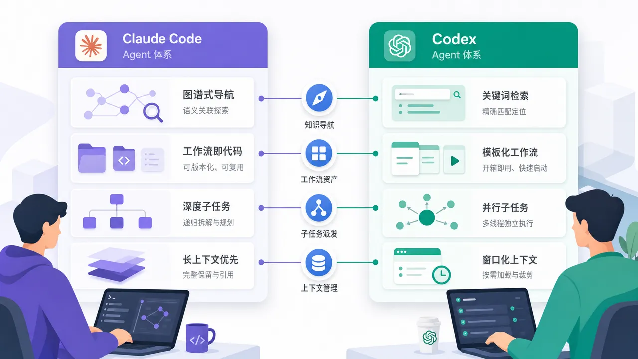 Claude Code 与 Codex Agent 体系对比图:两套编排方案的差异维度