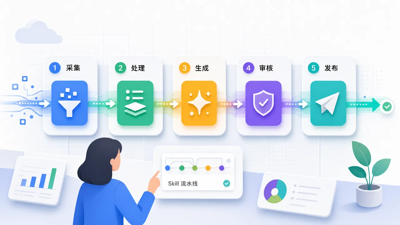 Skill 流水线编排图:从采集到发布的五步自动化管线