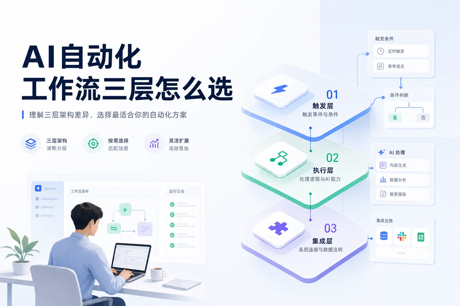 AI 自动化工作流课程三层能力对比示意图
