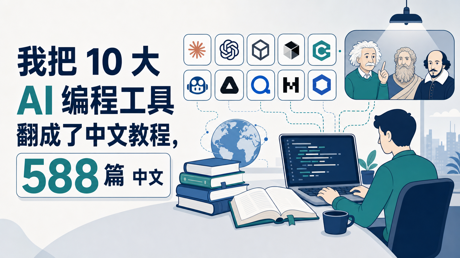 AI 编程中文教程公开站 aiworkflowtutorials.com 封面图：10 大主流 AI 编程工具图标网格 + 588 篇中文教程徽章