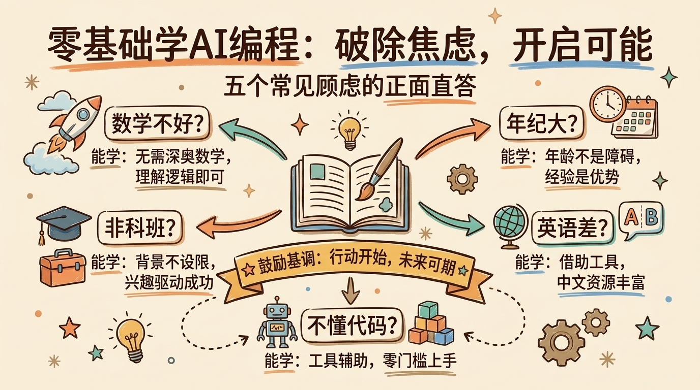 零基础学 AI 编程五个焦虑(数学/年龄/学历/英语/懂代码)逐条直答图