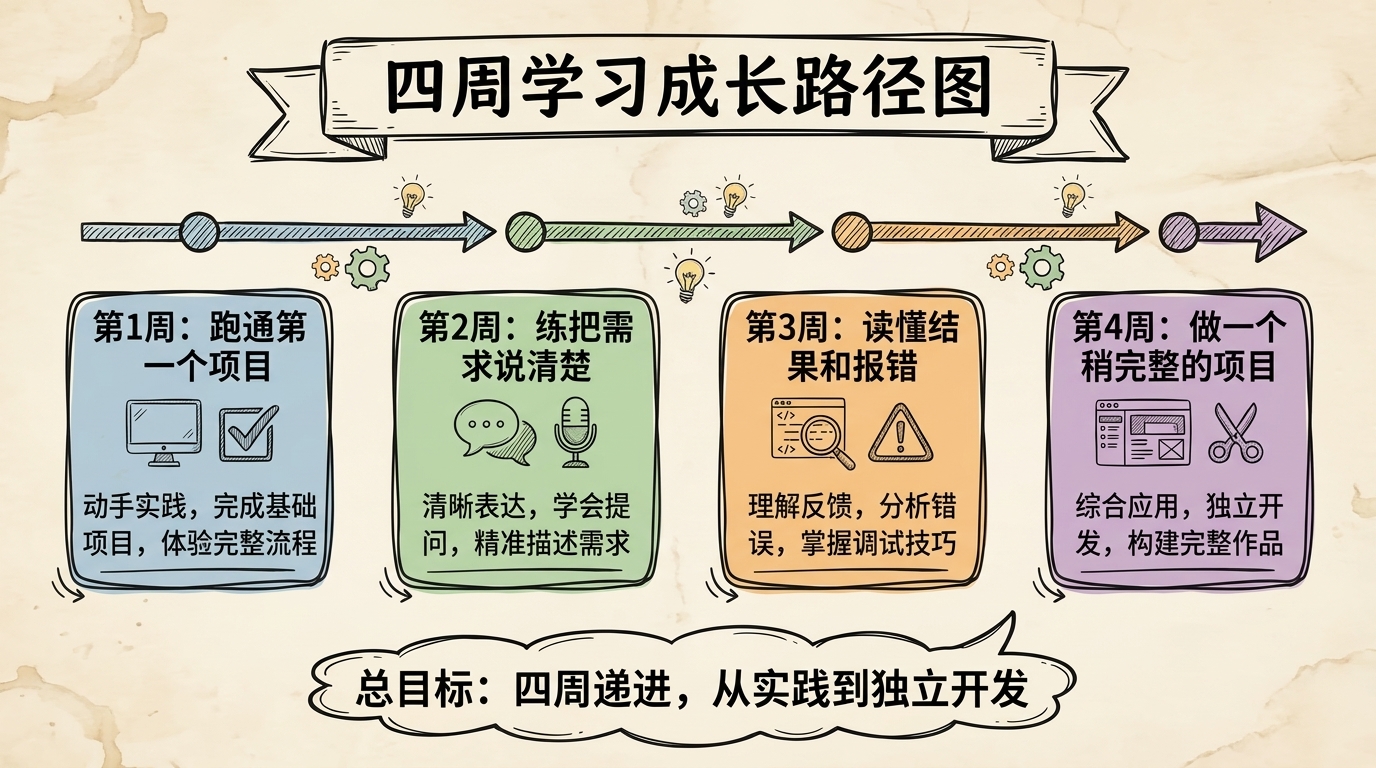 零基础学 AI 编程四周学习路径时间轴图
