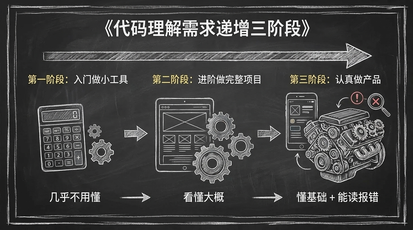 学 AI 编程要不要懂代码:入门到认真做三阶段图