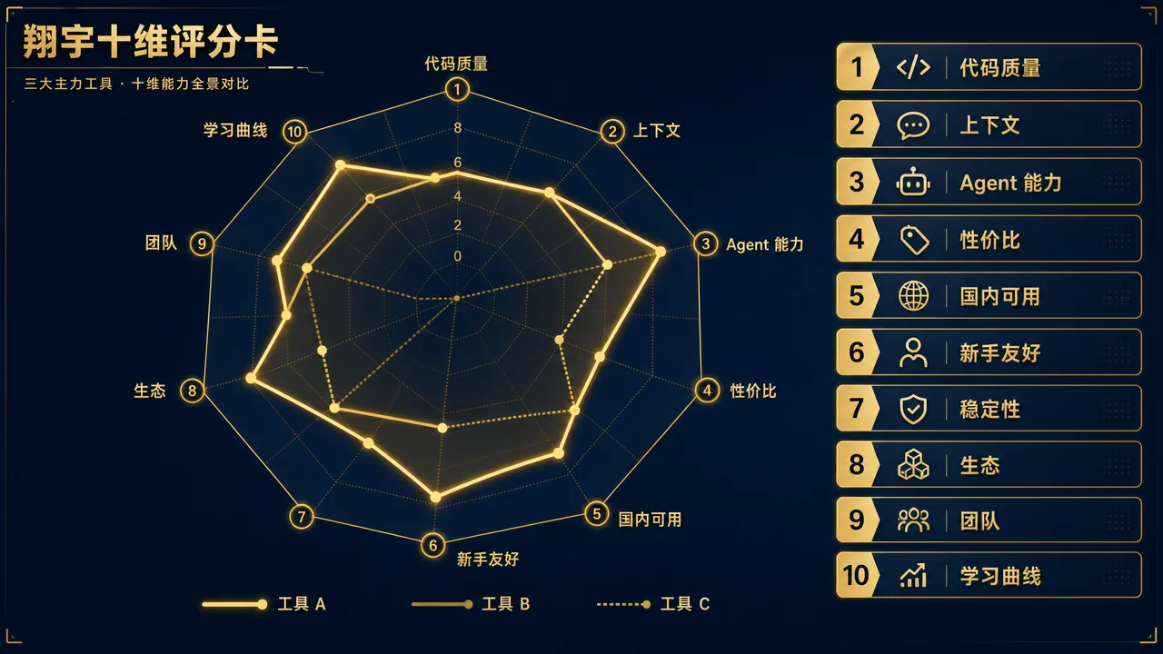 翔宇十维评分卡雷达图:三大主力工具在十个维度的得分对比