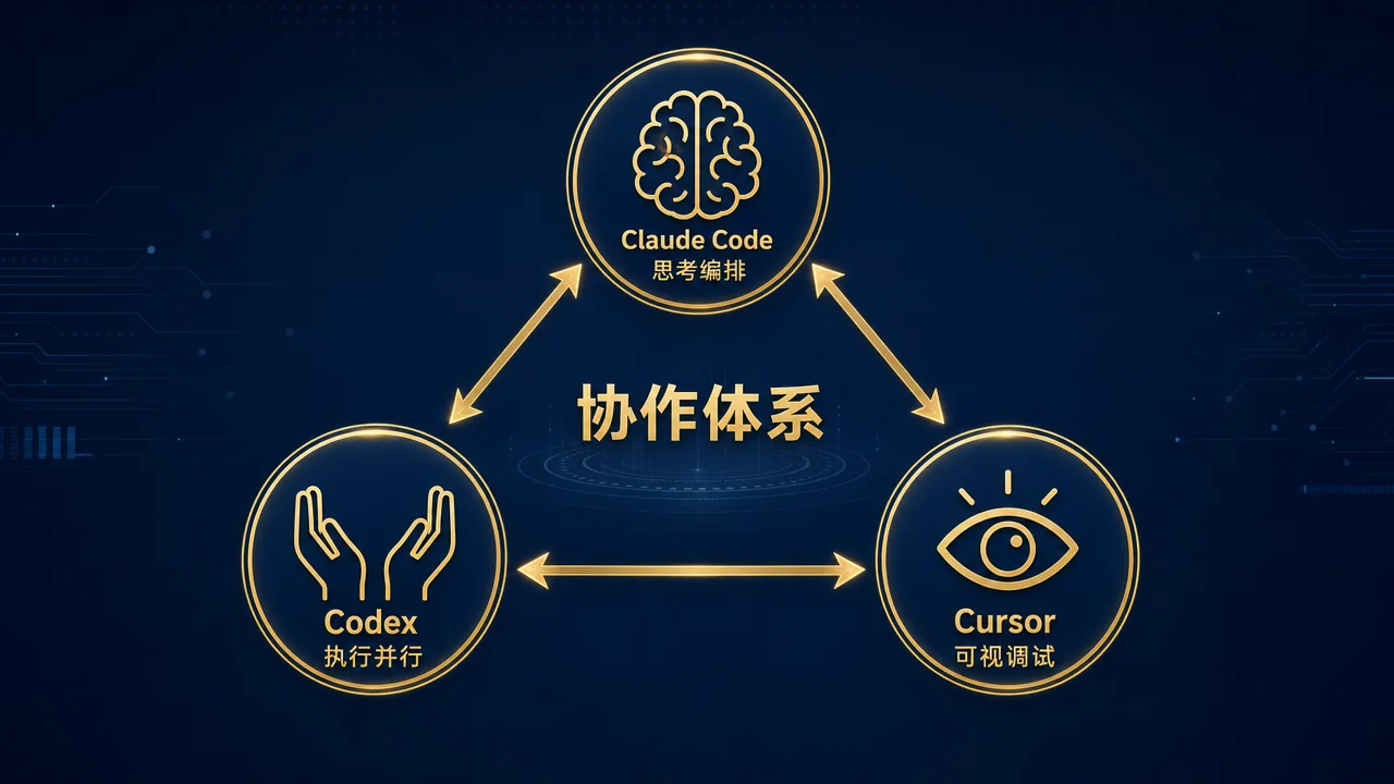 三工具协作体系:Claude Code 为大脑、Codex 为双手、Cursor 为眼睛