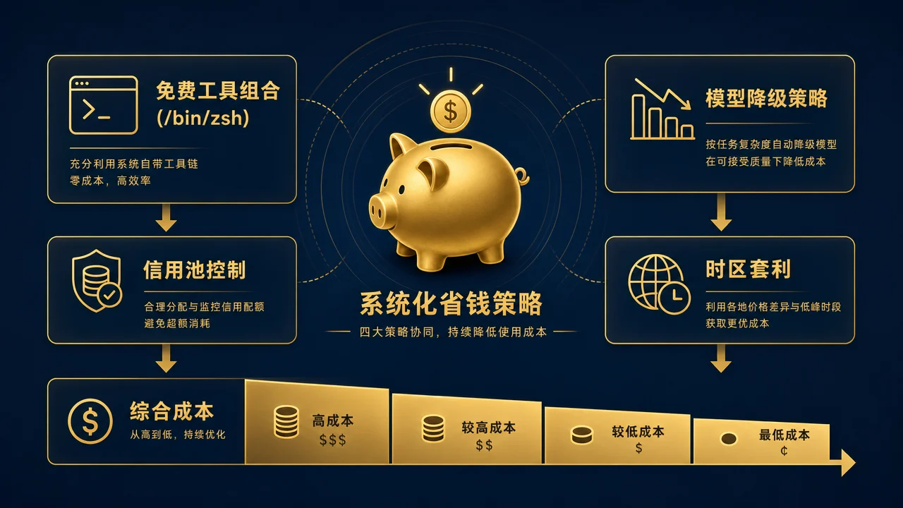 AI 编程工具省钱策略:免费组合、信用池控制、模型降级、时区套利四大方向