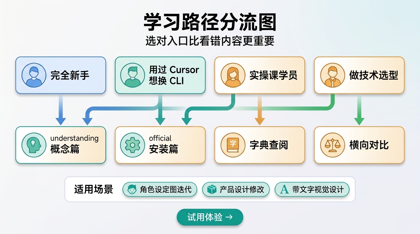 四类读者对号入座的学习路径分流图:完全新手、用过 Cursor 想换 CLI、AI 编程实操课学员、做技术选型四种画像各自指向 understanding 概念篇、official 安装篇、字典查阅与横向对比四个不同入栏起点,强调在 AI 编程中文教程站里选对入口比看错内容代价更小