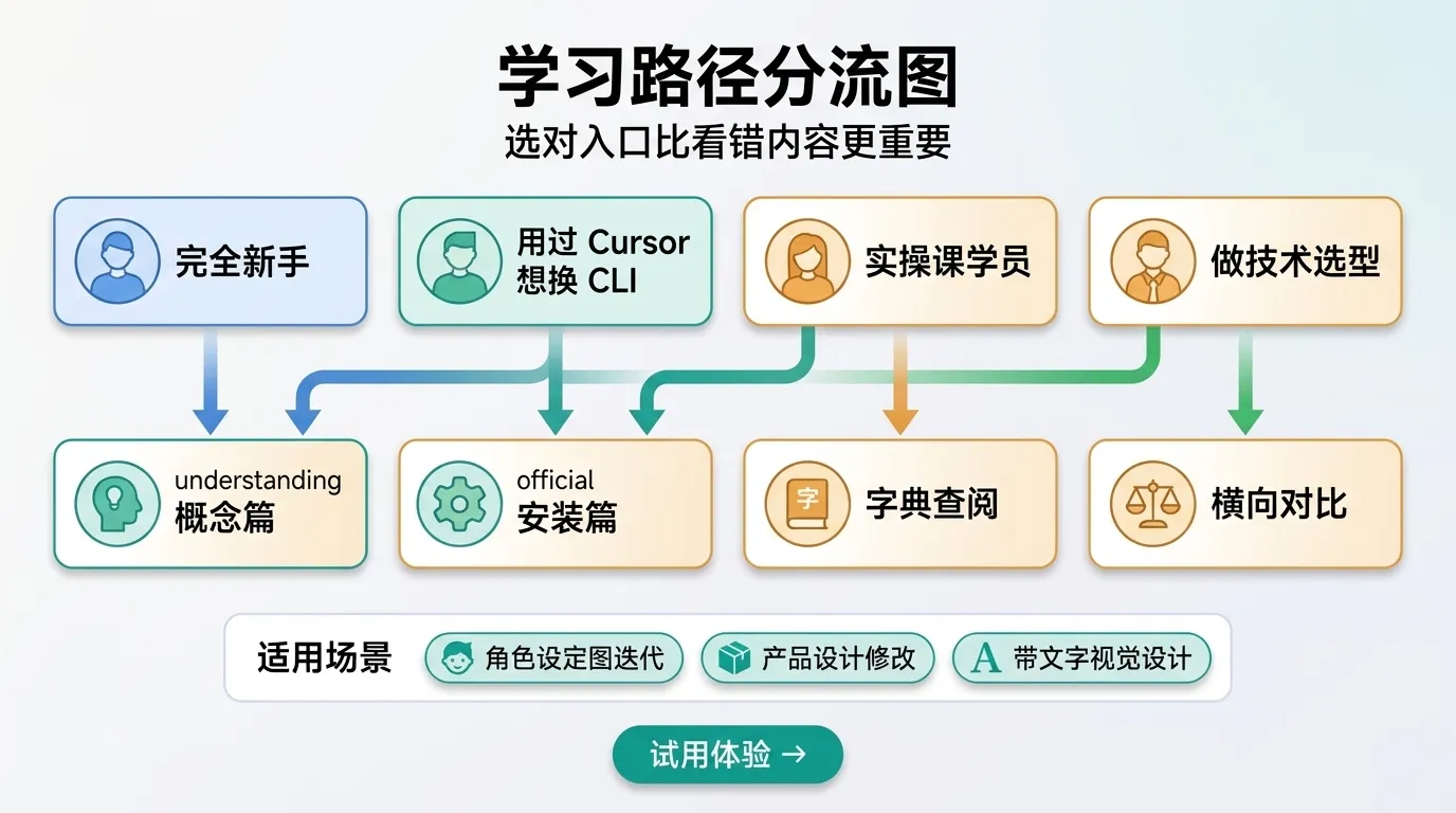 四类读者对号入座的学习路径分流图：完全新手、用过 Cursor 想换 CLI、AI 编程实操课学员、做技术选型四种画像各自指向 understanding 概念篇、official 安装篇、字典查阅与横向对比四个不同入栏起点，强调在 AI 编程中文教程站里选对入口比看错内容代价更小
