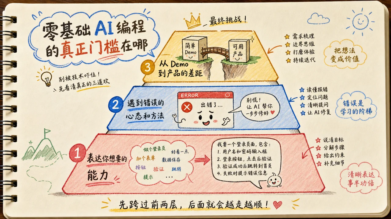 零基础 AI 编程的三层门槛:需求表达、错误处理心态、从演示到产品的跨越
