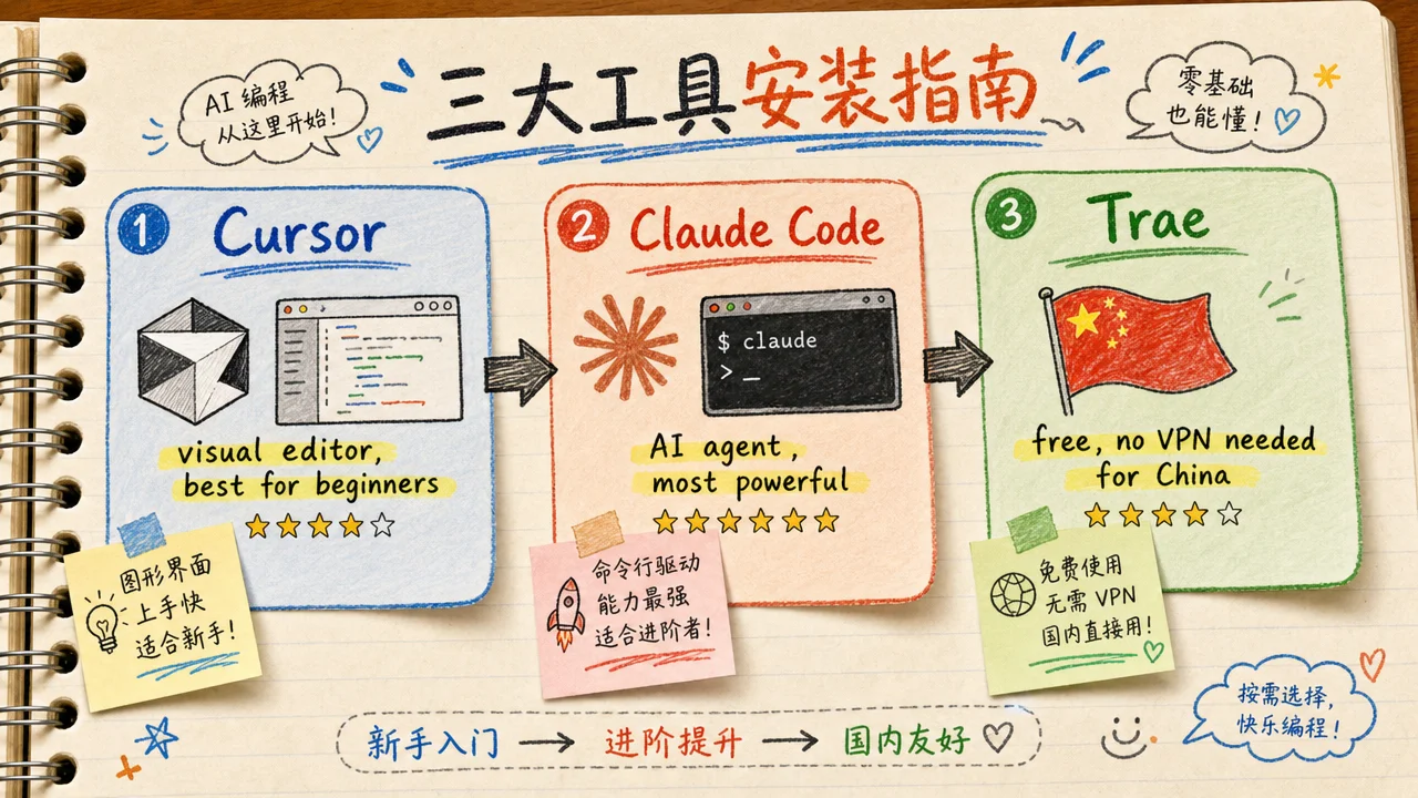 三大 AI 编程工具对比:Cursor 图形编辑器、Claude Code 终端 Agent、Trae 国内免费方案