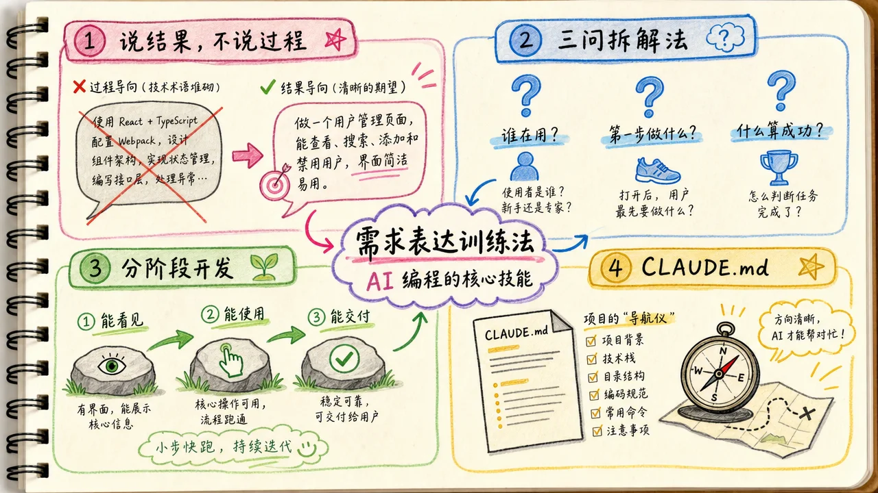 需求表达四层训练法:说结果不说过程、三问拆解、分阶段开发、写项目上下文文件