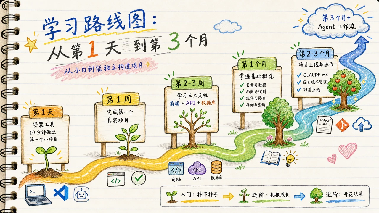 零基础 AI 编程学习路线图:第 1 天到第 3 个月的五个里程碑