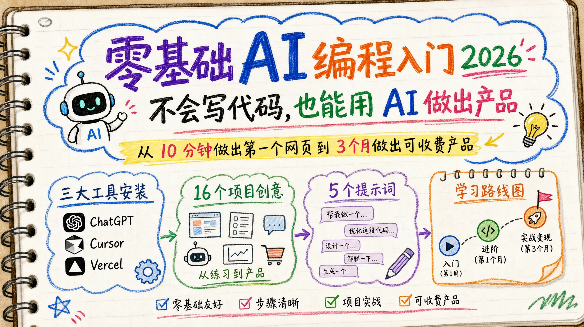 零基础 AI 编程入门 2026 完整指南：从安装工具到做出产品的笔记本风格插画