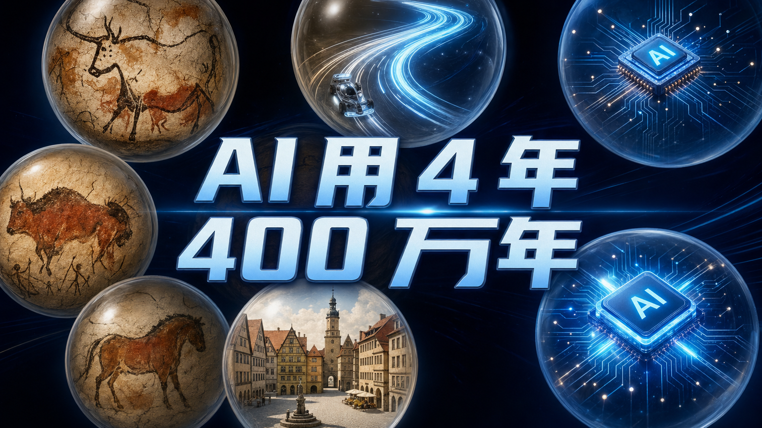 AI 发展阶段的官网封面，展示 AI 用 4 年走完人类 400 万年，从语言理解到工具使用和 Agent 协作的演化路径