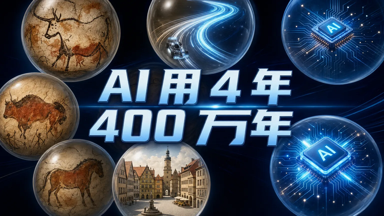 AI 发展阶段的官网封面，展示 AI 用 4 年走完人类 400 万年，从语言理解到工具使用和 Agent 协作的演化路径