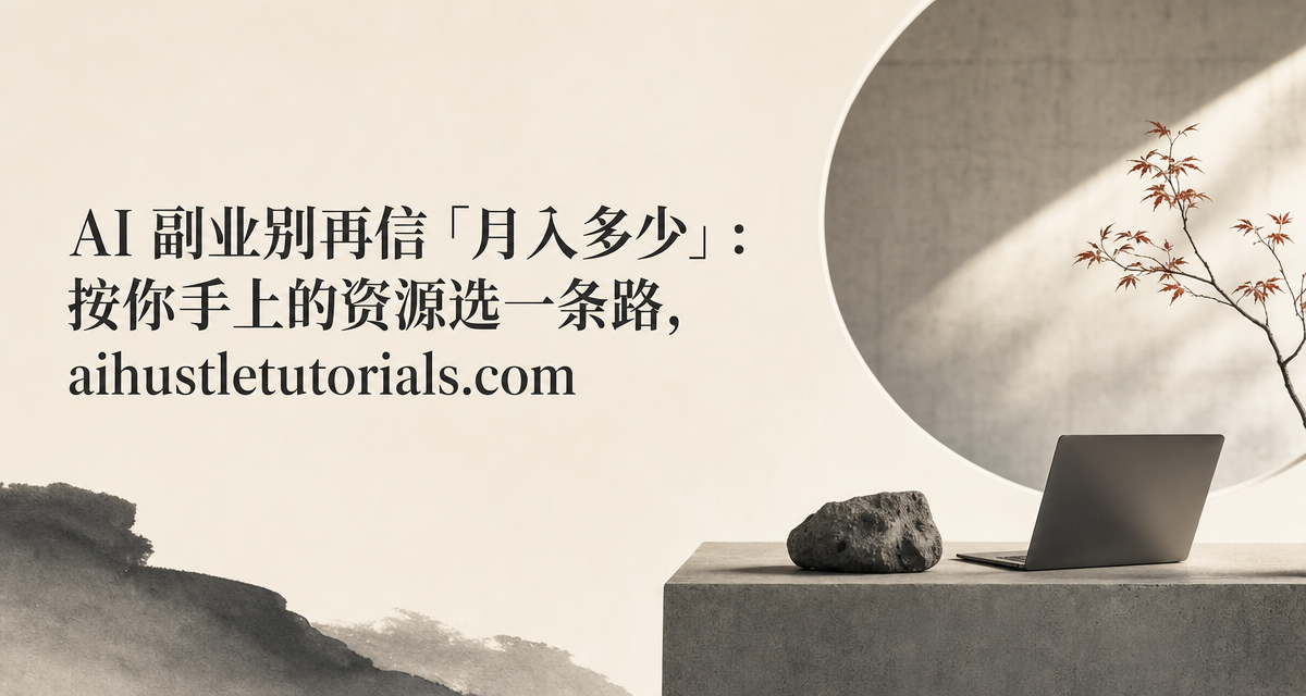 一个人安静地站在几条通向不同副业路径的简洁分岔小径前，按自己手上的工具选定其中一条，留白克制的极简画面