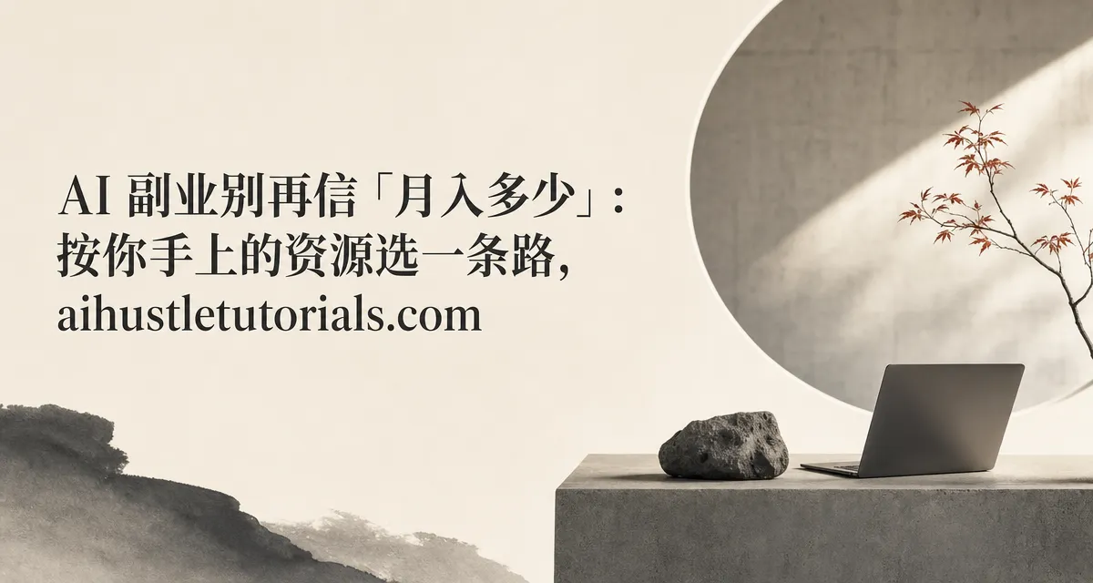 一个人安静地站在几条通向不同副业路径的简洁分岔小径前，按自己手上的工具选定其中一条，留白克制的极简画面