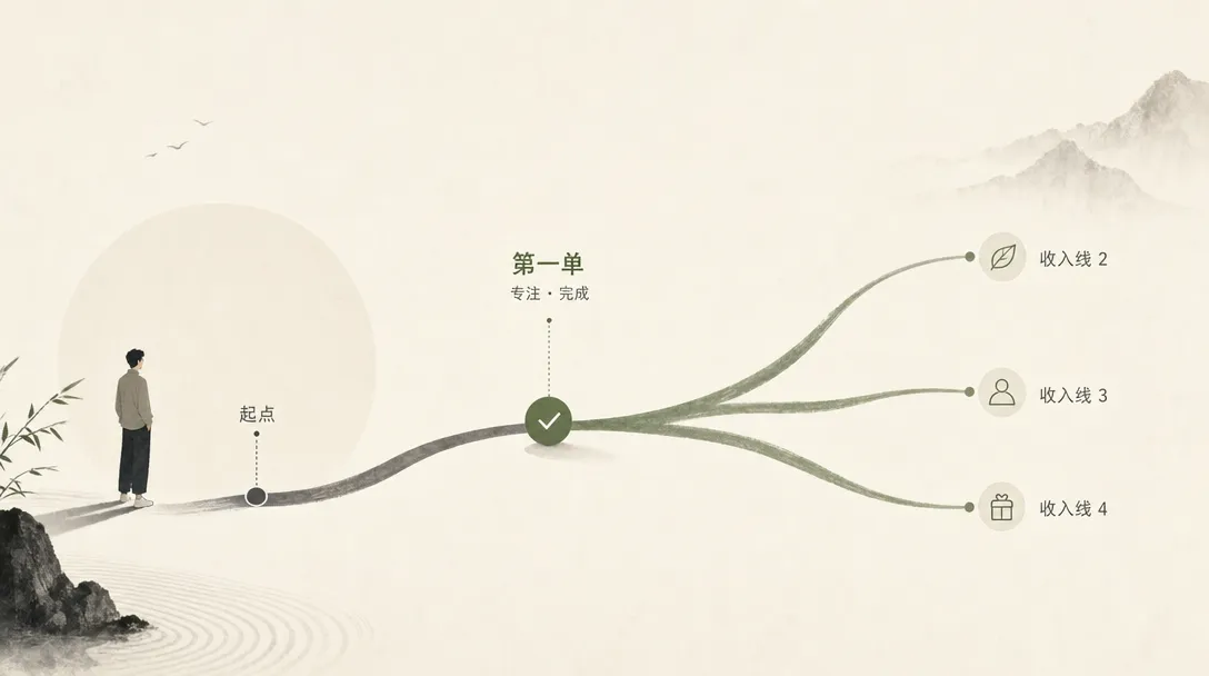 一条从起点经过第一单节点、再自然分叉出相邻收入支线的极简路径插画
