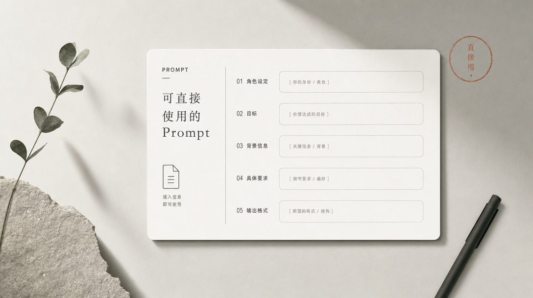 一张搭好骨架、留出占位空格等你填入信息的可复用 prompt 工具卡片极简插画