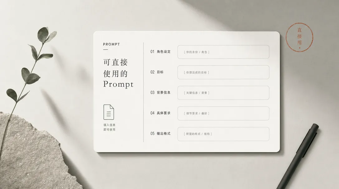 一张搭好骨架、留出占位空格等你填入信息的可复用 prompt 工具卡片极简插画