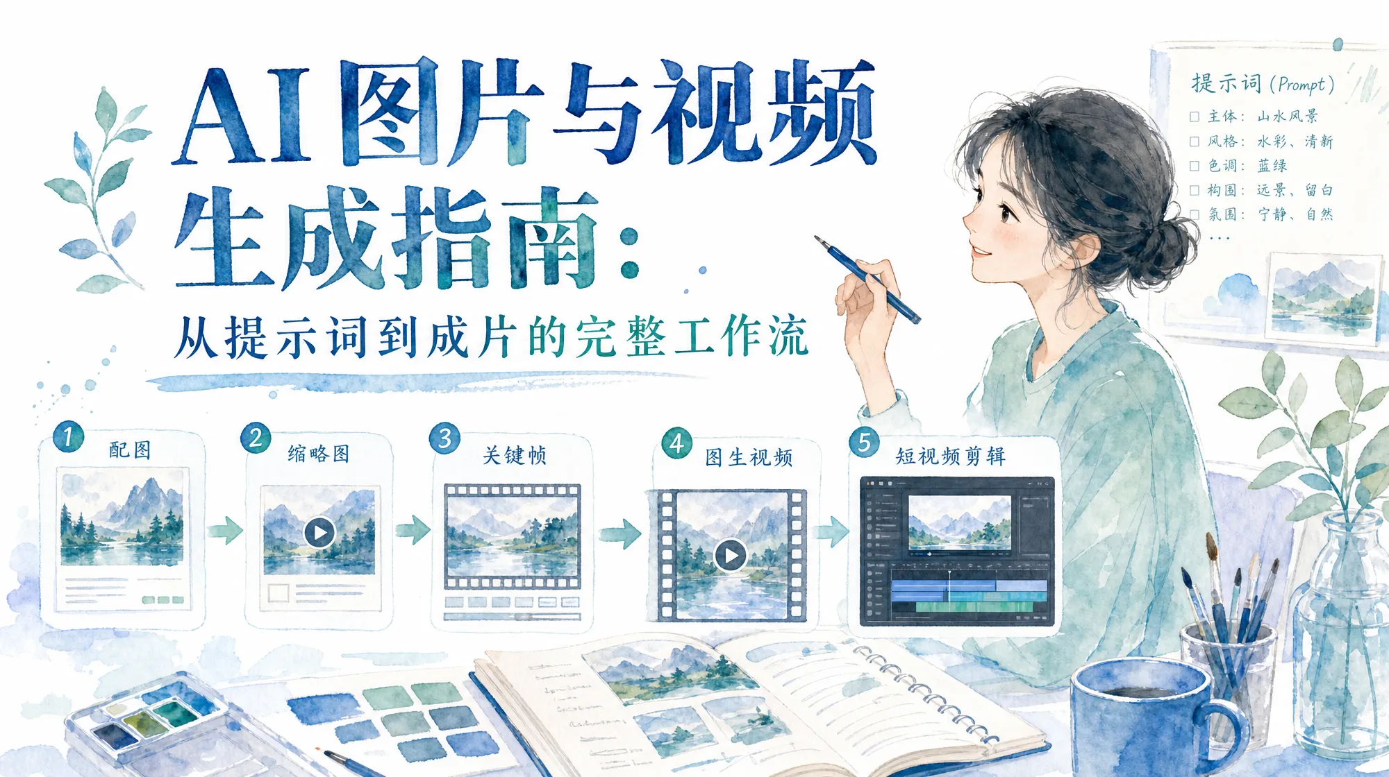 AI 图片与视频生成工作流全景图，从提示词到成片的完整流程