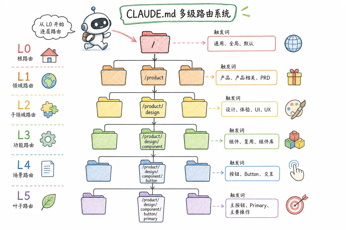 CLAUDE.md 多级路由导航示意:Agent 从根节点的触发词表出发,逐级深入到目标文件,每层只读一个 CLAUDE.md