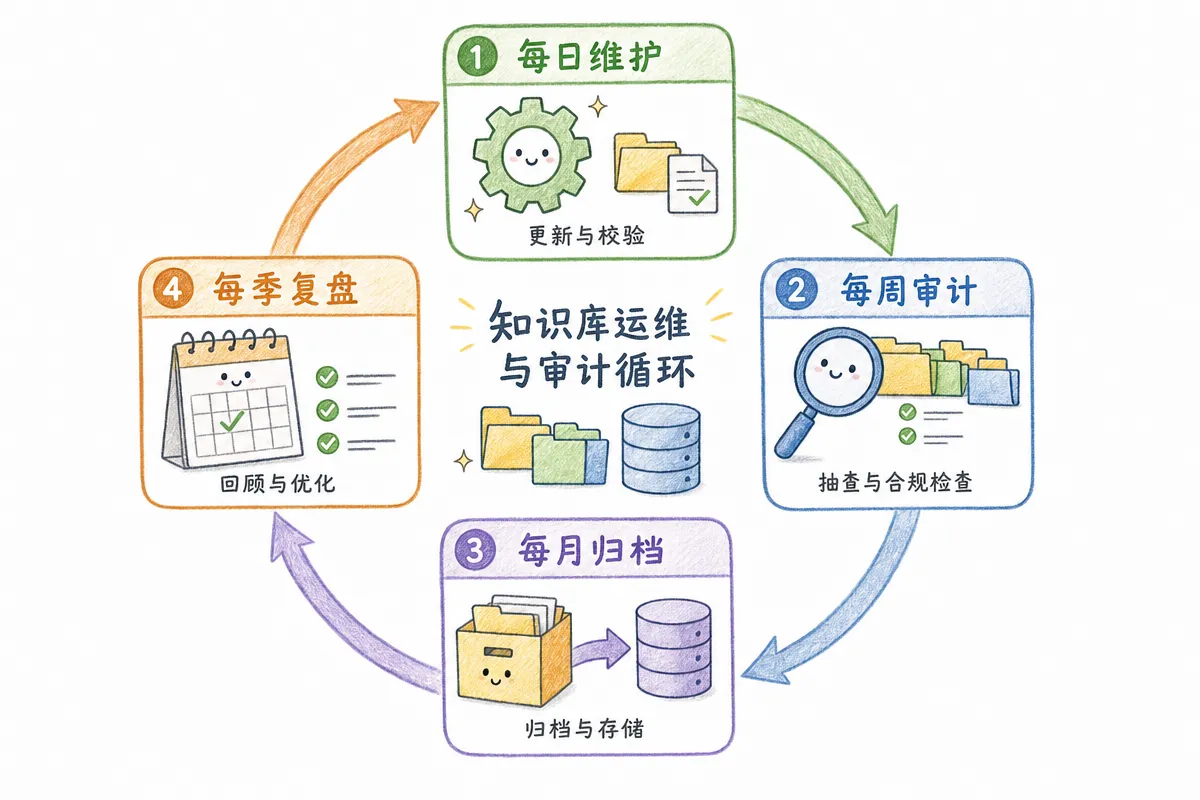 知识库运维循环示意:日常维护、周审计、月归档、季度触发词回顾的四层节奏