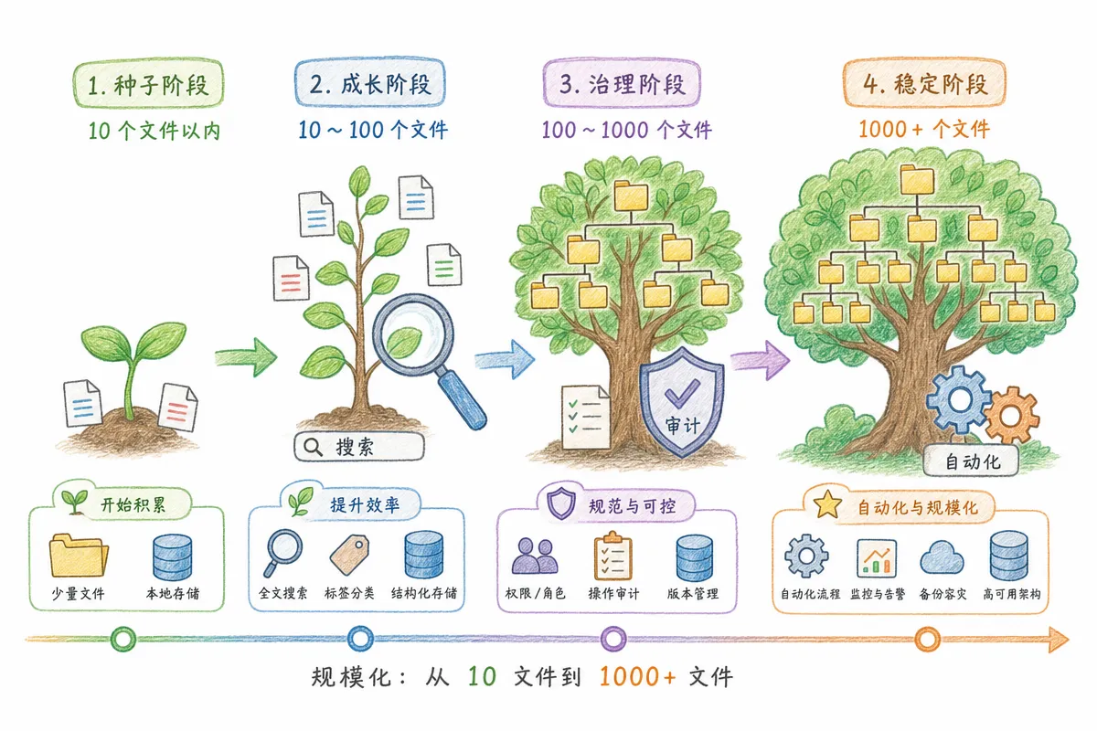 知识库从种子期到稳态期的四阶段演进路径:每个阶段的核心挑战和应对策略