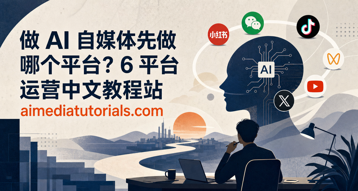 一位内容创作者站在六条岔路口前，每条路通向一个不同气质的自媒体平台，正在选择先走哪一条，象征做 AI 自媒体先选对平台