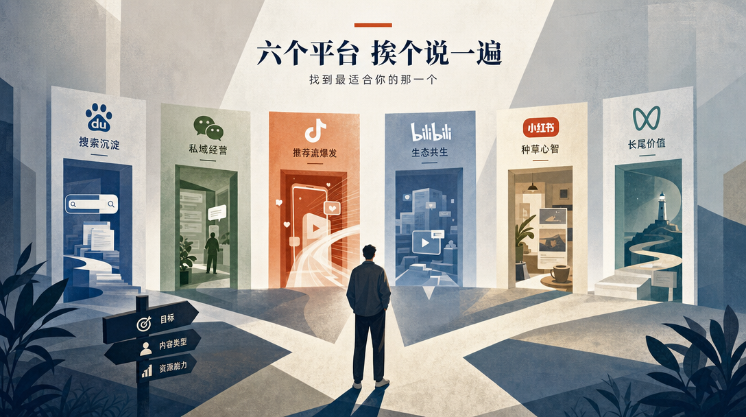 六个气质各异的自媒体平台并置对比的编辑插画