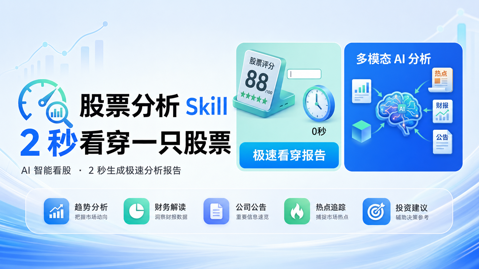 股票分析 Skill 官网封面，展示 AI 对股票评分、财报、公告和市场热点进行多维度分析