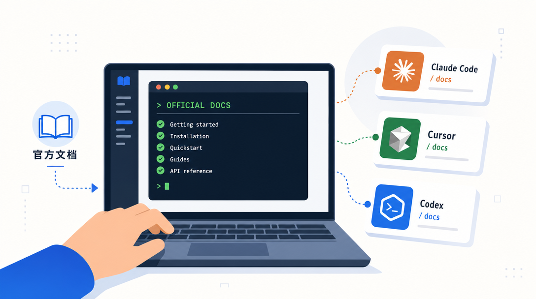 AI 编程工具官方学习入口示意图:Claude Code、Cursor、Codex、GitHub Copilot、Cline、Aider 等终端 IDE 与命令行工具组合成开发者工作流