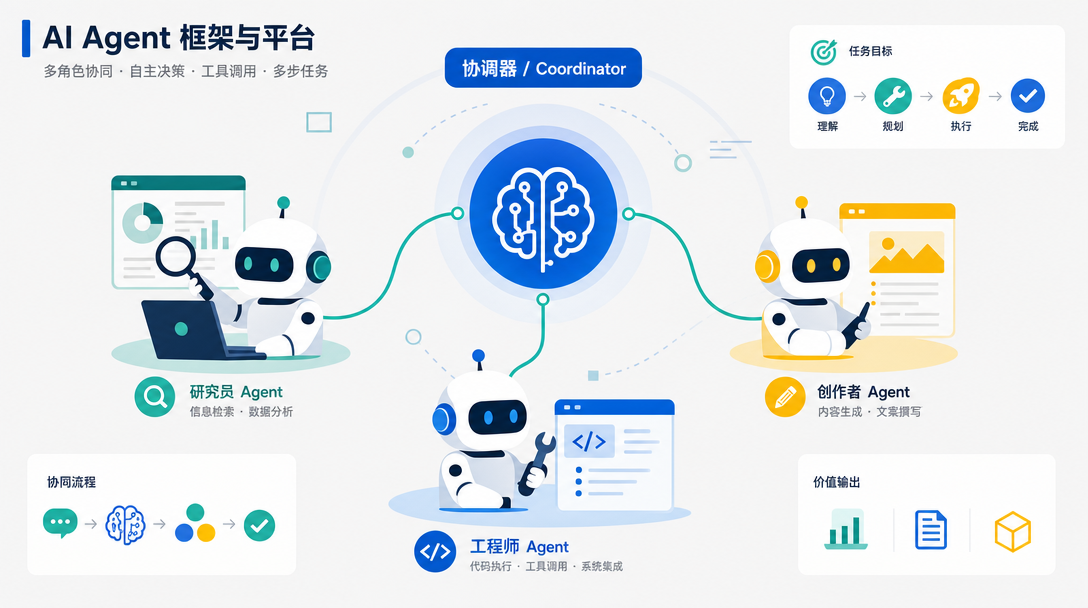 AI Agent 框架与平台示意图:LangChain、AutoGen、CrewAI、MetaGPT 等 Agent 框架与 Coze、Dify、FastGPT 等无代码平台协同形成多 Agent 编排网络
