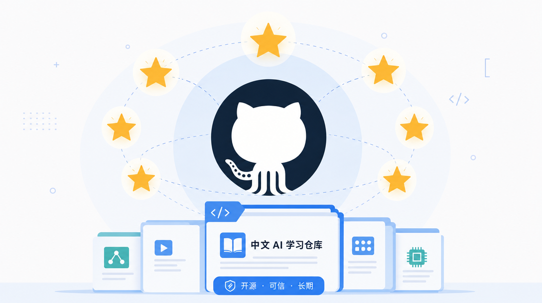 中文 AI 学习仓库 GitHub 高 Star 项目示意图:动手学深度学习、Datawhale 系列、李宏毅深度学习、蘑菇书、llm-action 等 78k+ Star 中文教程汇集为开源学习星图