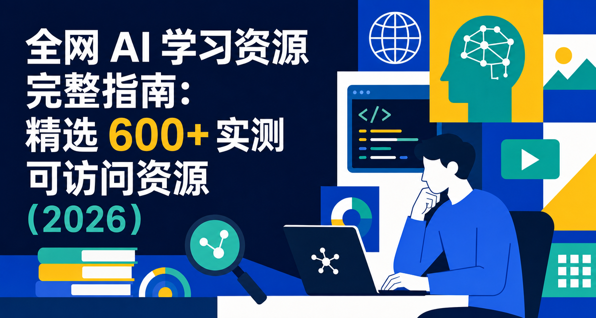 全网 AI 学习资源完整指南封面：12 大维度精选 600+ 实测可访问资源，从中文知识库、国产大模型到国际大厂学习平台、大学公开课与 AI 编程工具，按学习路径系统组织
