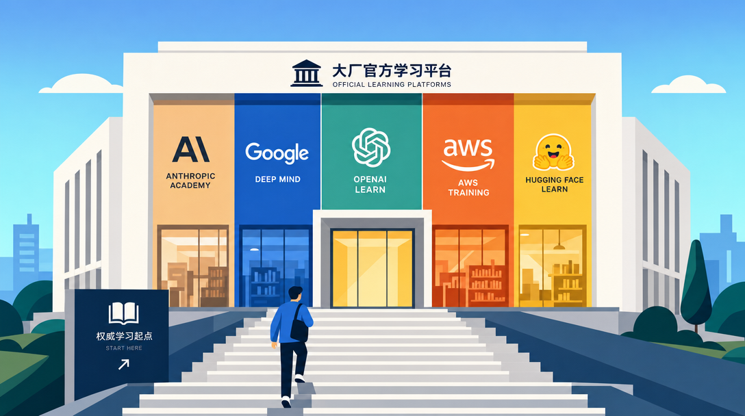 国际大厂官方学习平台示意图:Anthropic Academy、OpenAI、Google AI、Microsoft、Meta、AWS、NVIDIA、Hugging Face Learn 汇聚为权威官方课程地图