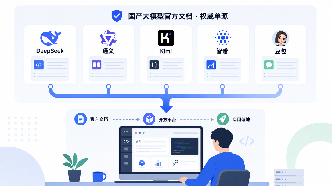 中国大模型官方学习入口示意图:DeepSeek、通义千问、Kimi、智谱 GLM、豆包、文心、讯飞星火等国产大模型官方文档汇集为统一学习矩阵