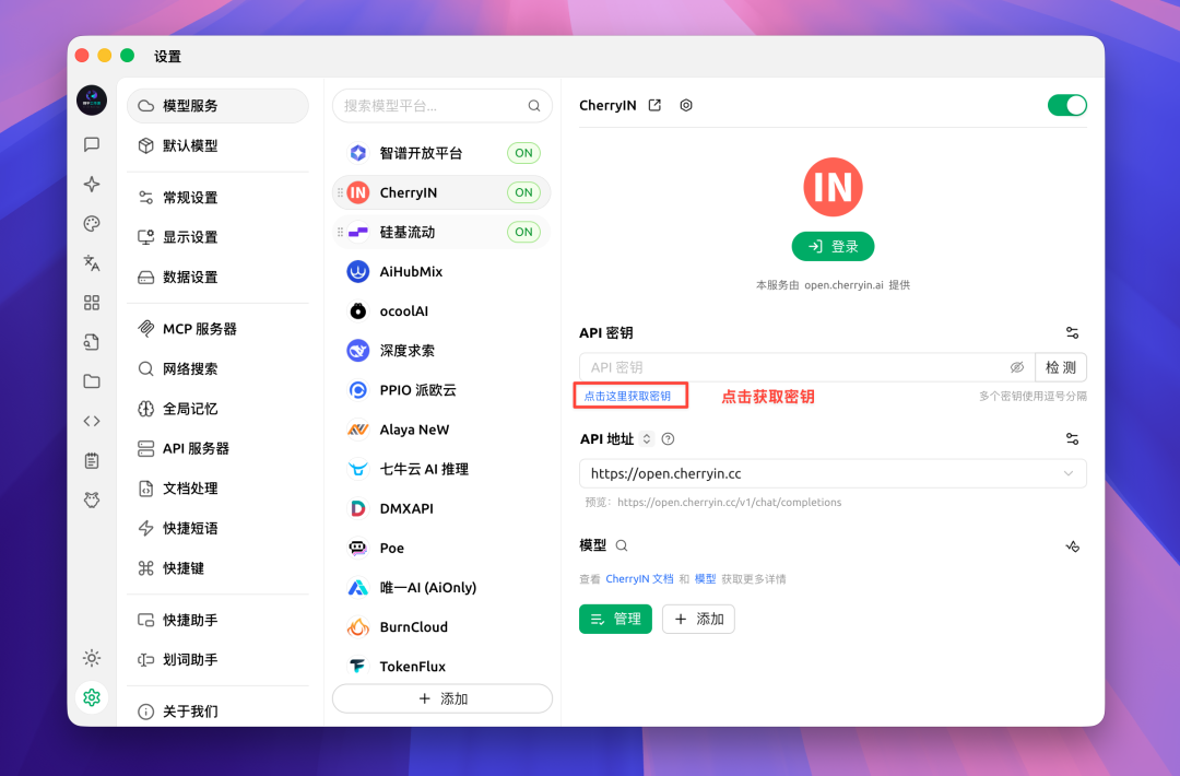 设置页面：开启 CherryIN 服务商