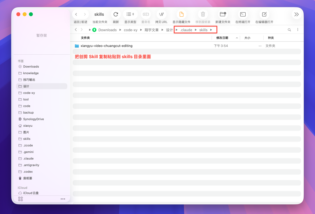 skills 目录下放入 xiangyu-video-chuangcut-editing