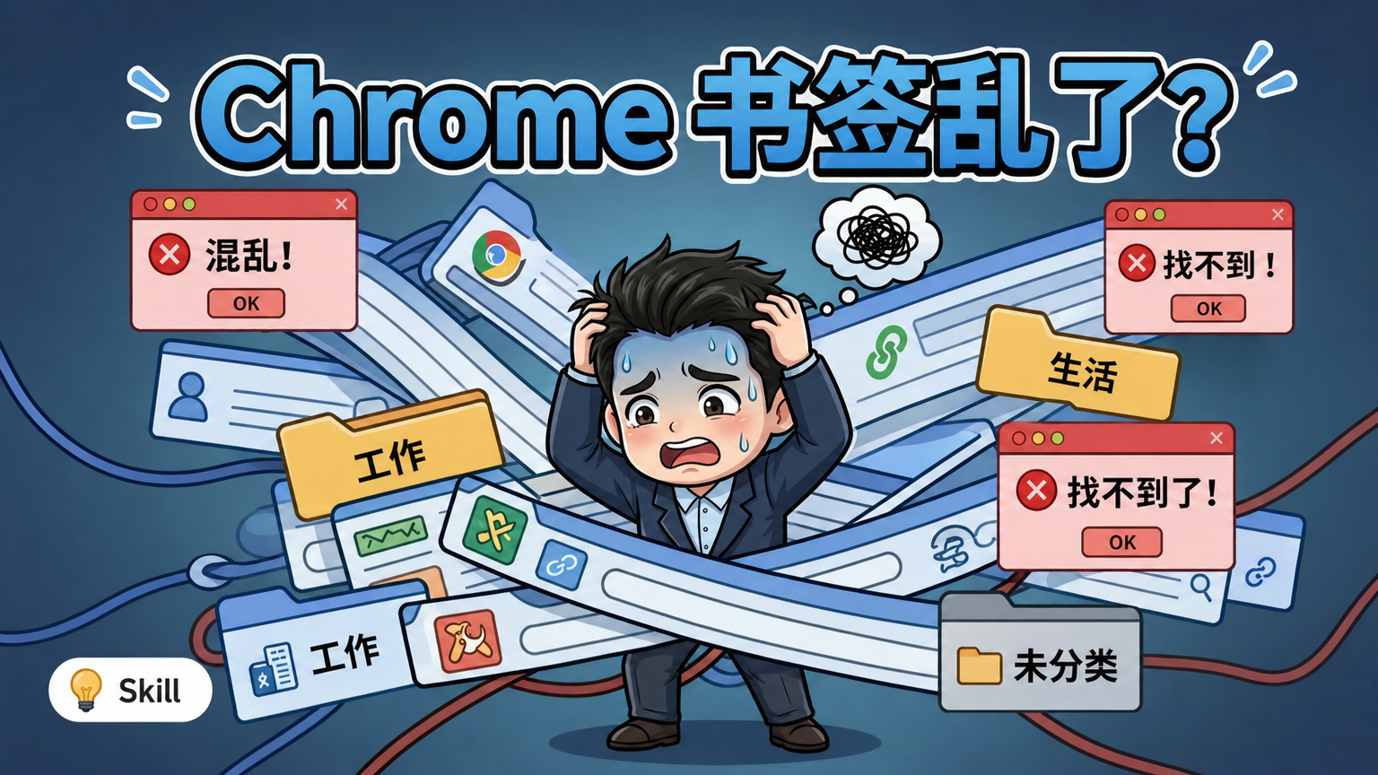 Chrome 书签整理 Skill 的官网封面，展示用 Claude Code 自动分类收藏夹、生成命名规则和整理知识入口的工作流