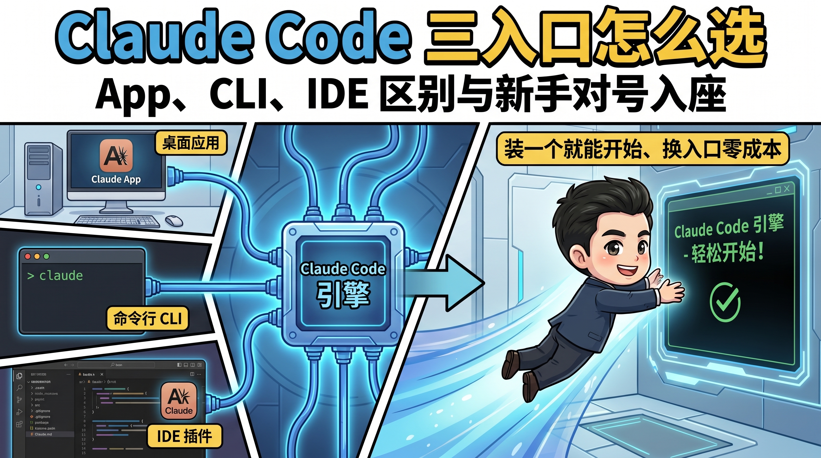 Claude Code 三入口怎么选示意图：桌面应用、命令行 CLI、IDE 插件按身份对号入座决策图