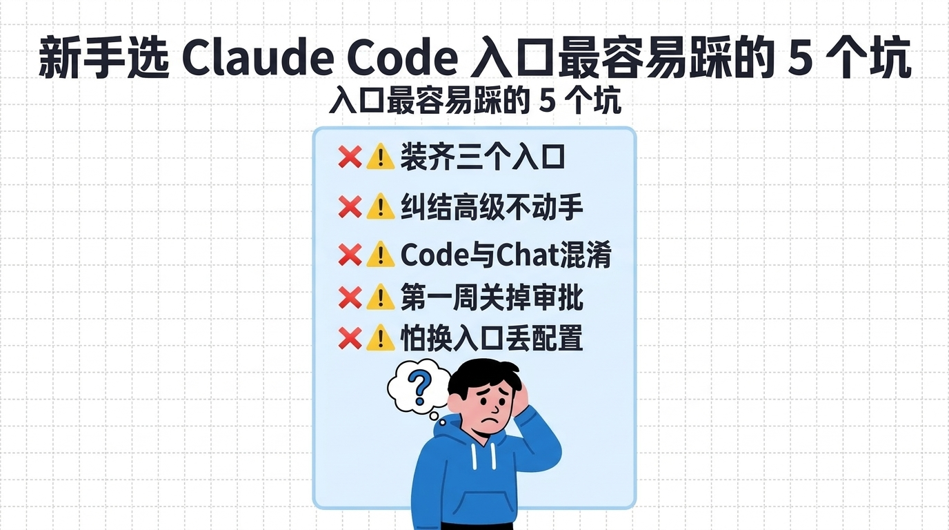 Claude Code 入口新手 5 个常见坑:装齐、纠结高级、标签混淆、关审批、怕丢配置