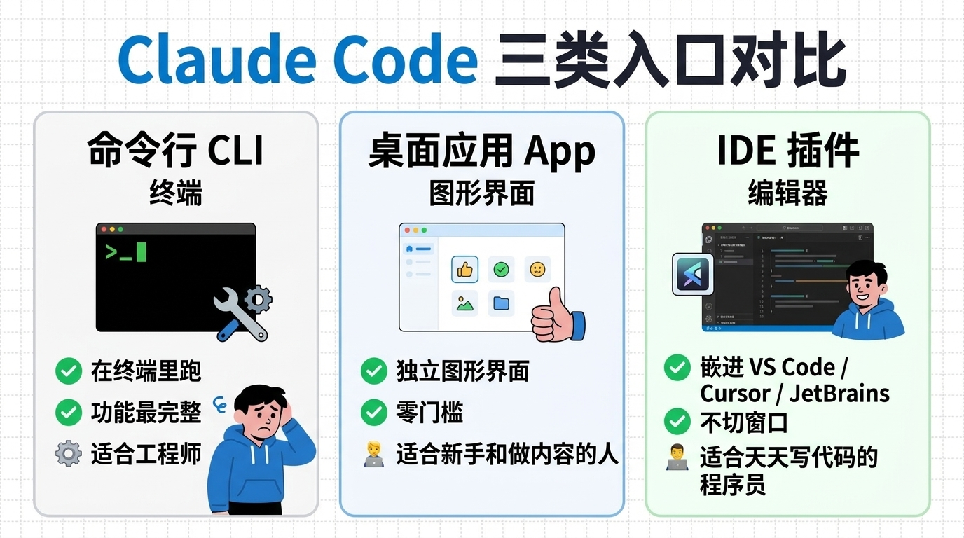 Claude Code 三类入口一句话对比:命令行 CLI、桌面应用 App、IDE 插件分别是什么、适合谁